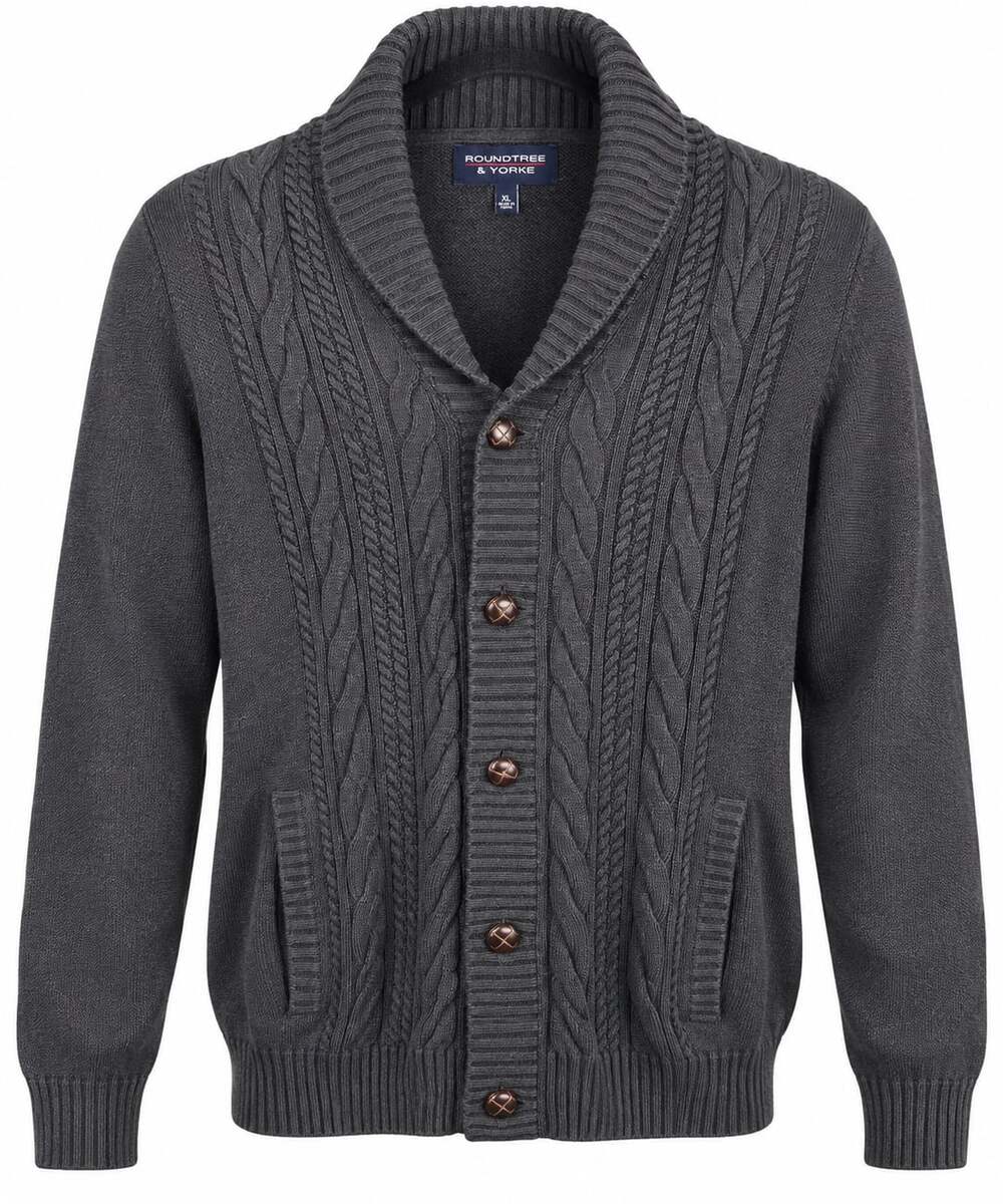 Roundtree & Yorke Shawl Collar Cable Knit Cardigan Sweater Size XL Dark Gray